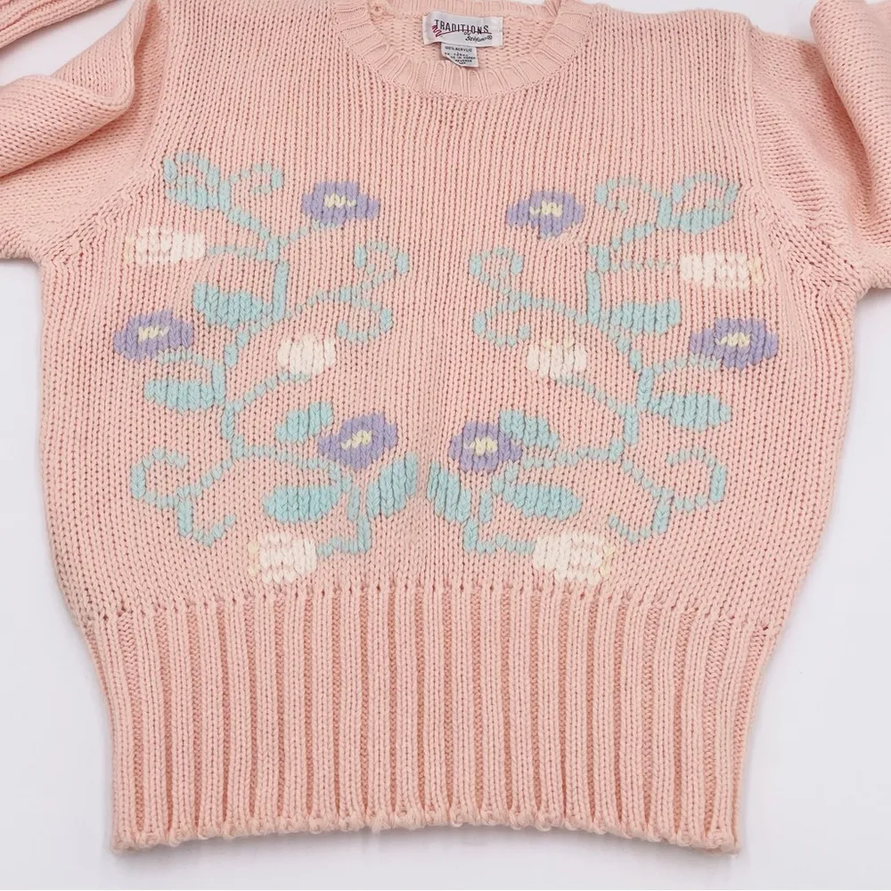 Vintage 80s Traditions by Stefano Pastel Pink Floral Sweater Cottagecore NWT Size L - Image 3