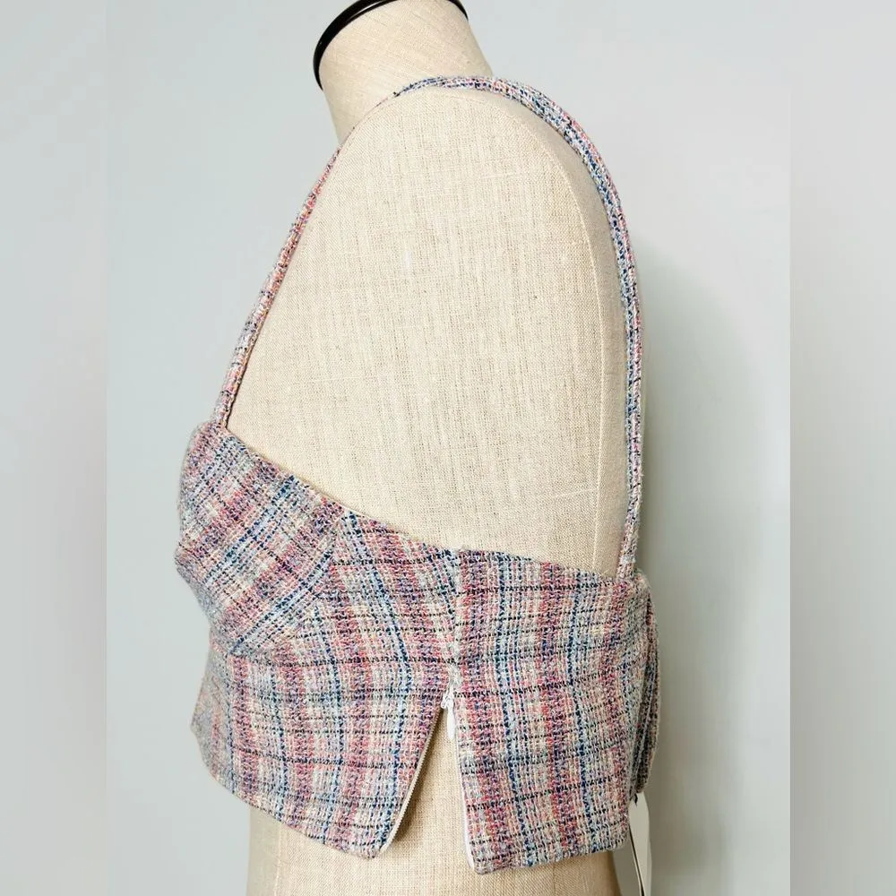 NEW Zara Tweed Boucle Knit Corset Crop Top Bralette Pink & Blue Metallic Medium - Image 12
