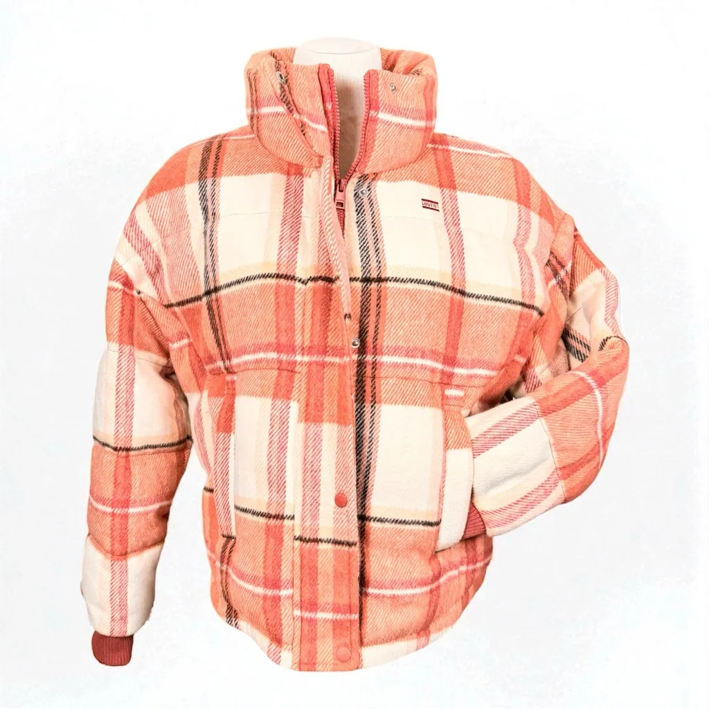 Levi's Winter Plaid Coat Jacket M Quilted Pink White Cabincore Flannel  Zip Snap - Image 5