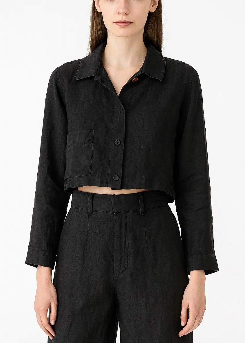 Saks Fifth Ave Quiet Luxury Linen Button Up Top Small Black Minimalist Capsule Size 6 - Image 1