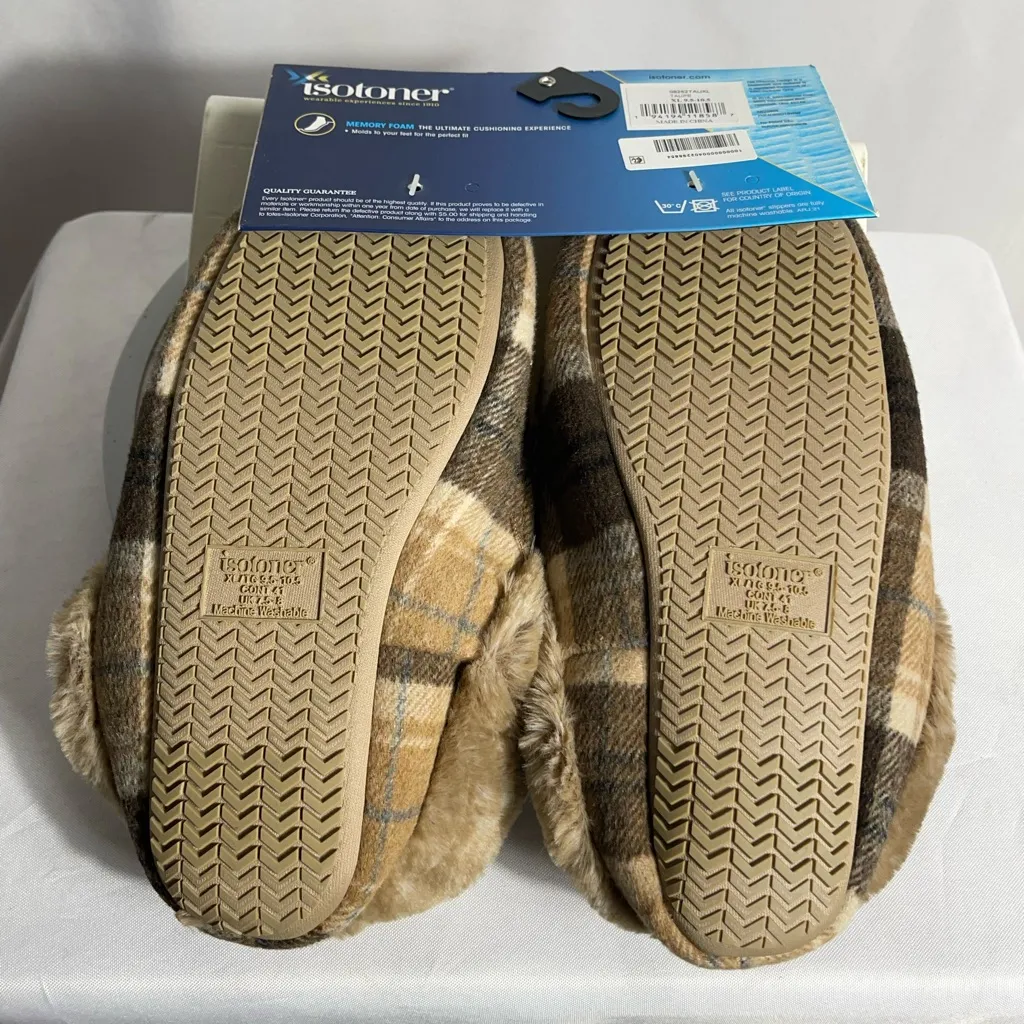 Isotoner Women’s Memory Foam Plaid Moccasin Slippers Faux Fur Taupe XL 9.5–10.5 - Image 3