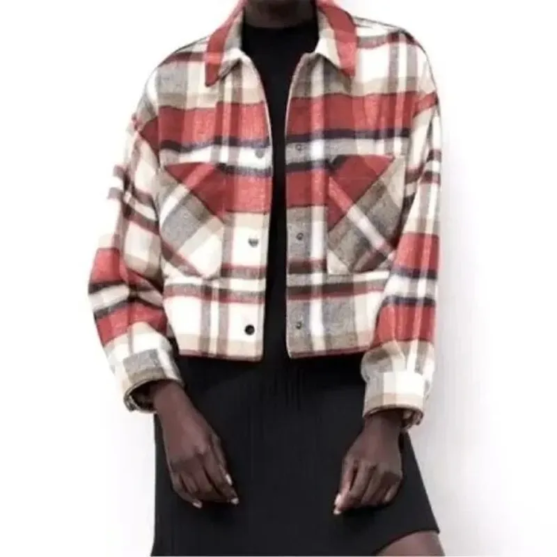 ZARA Cropped Oversized Plaid Shacket Jacket Button Down Pockets XS Red White - Image 10
