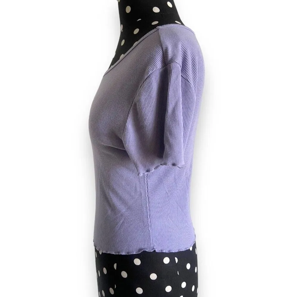 5/$35 Destined Womens Crop Top Sz M Scoop Neck Ribbed Lavender Lettuce Edge Knit - Image 5