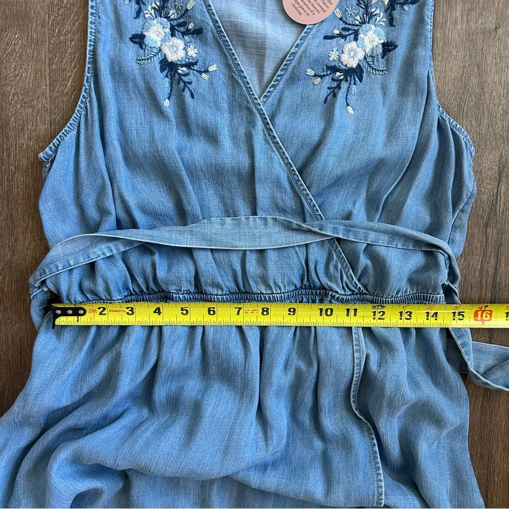 Knox Rose Chambray Denim Sleeveless Embroidered Floral Midi Flowy Dress NWT M - Image 10
