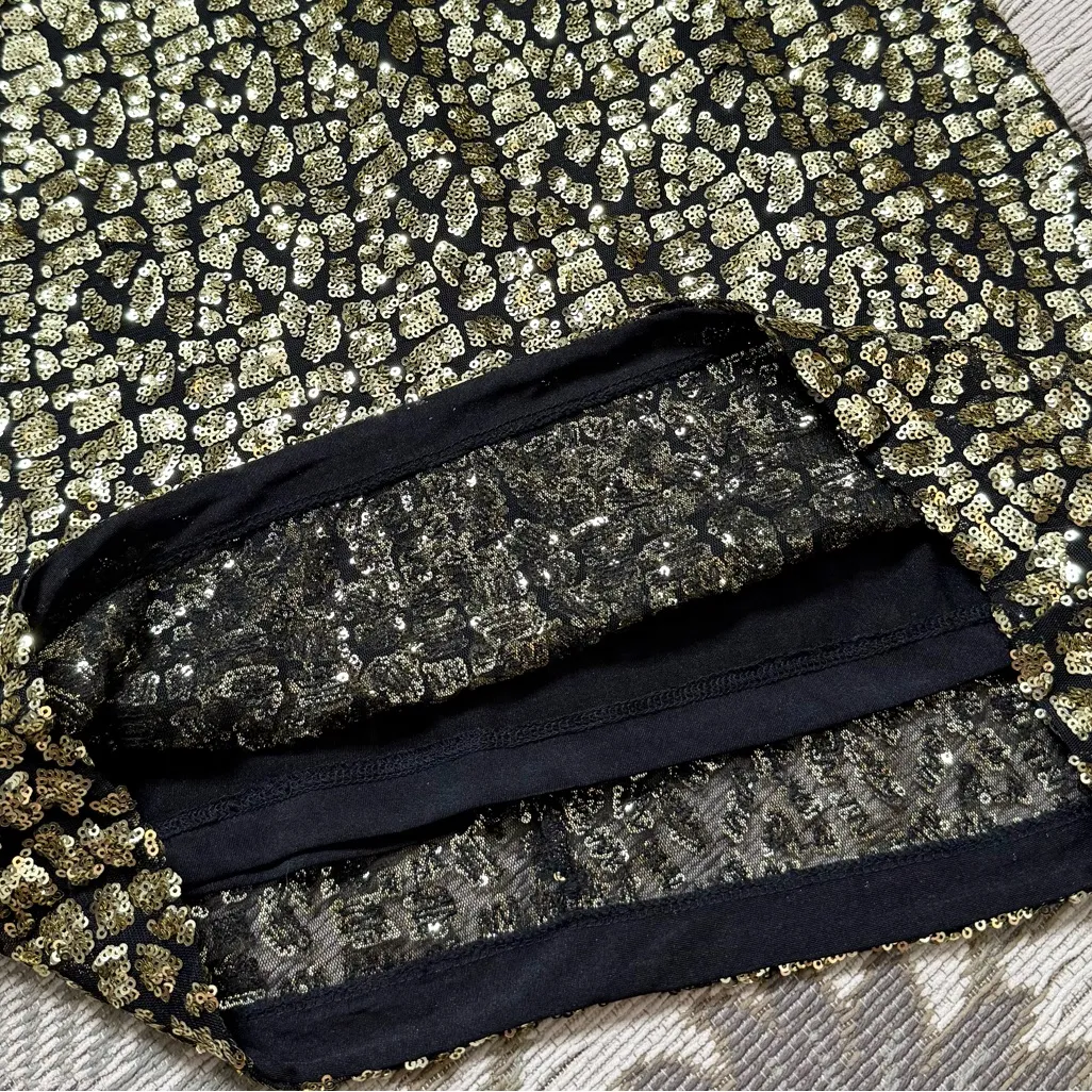 Guess Sequin Dress Black Gold Vienna Leopard Mini Party Holiday NYE S Small - Image 4