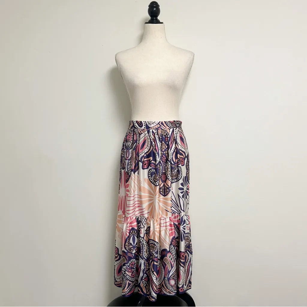 BASH BA&SH Janel Pink Purple Boho Print Lightweight Pleated Satin Midi Skirt - Image 2