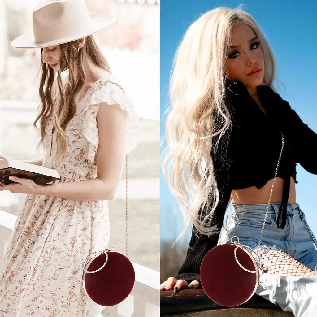 ⚡Women's Evening Cocktail Party Prom Selighting Round Velvet Red Clutch Bag - Image 2