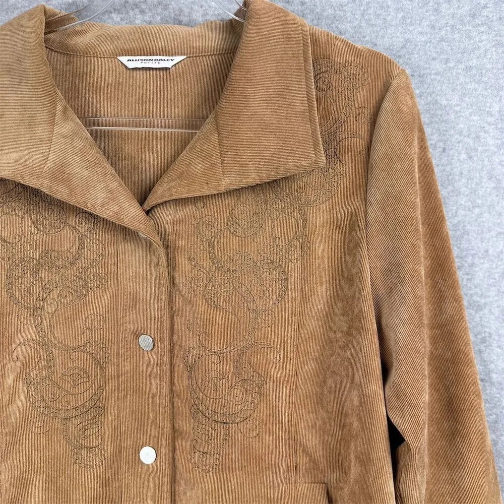 Allison Daley Petite Women's Tan Embroidered Button Front Corduroy Jacket Medium - Image 2
