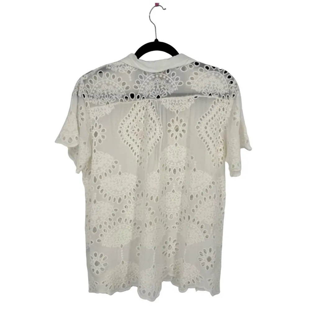 Johnny Was Marietta Short Sleeve Eyelet Button Down Shirt White Medium Spring - Image 5