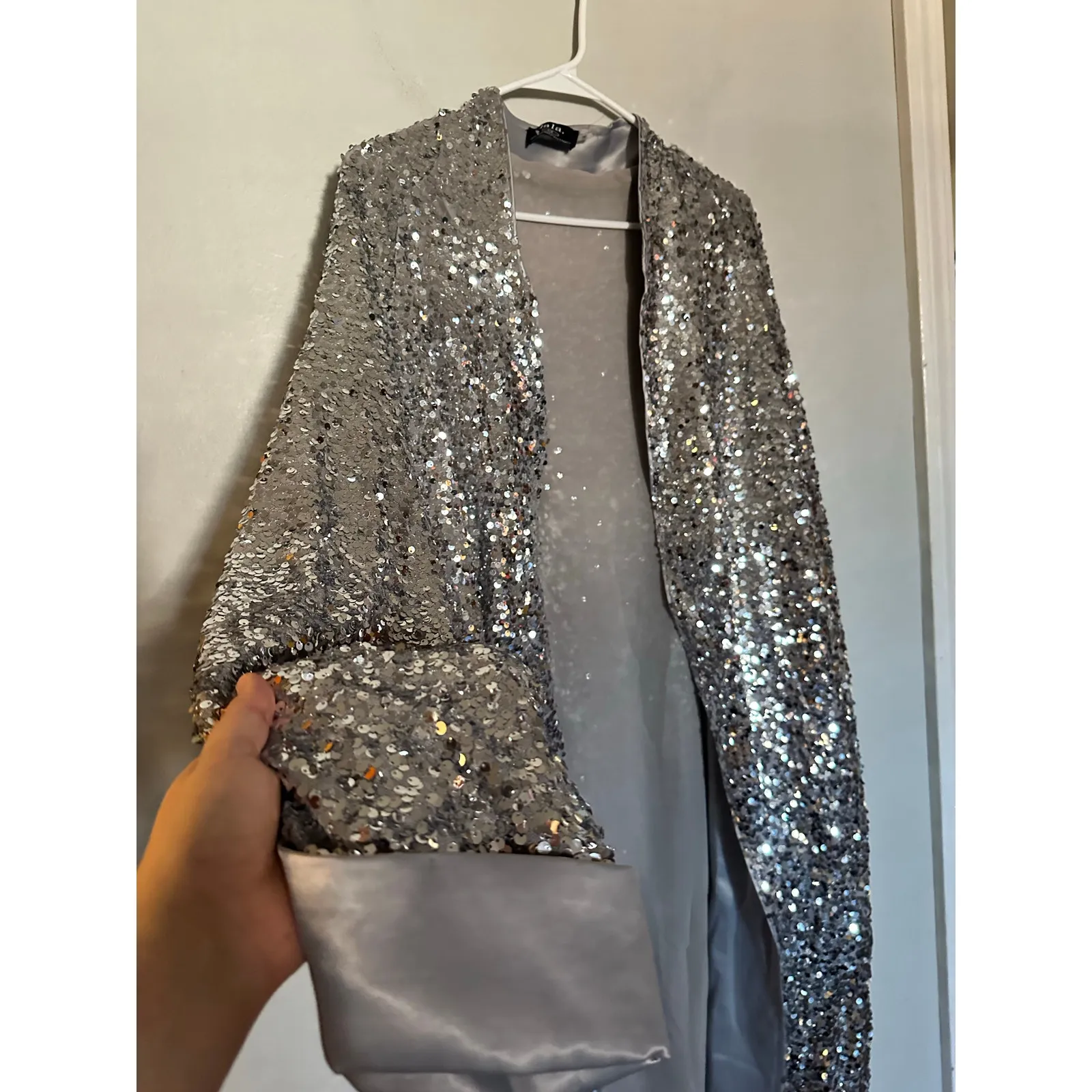 DRESSED IN LALA Silver Sequin Satin Lined Open Kimono Disco Fever Size S/M - Image 7