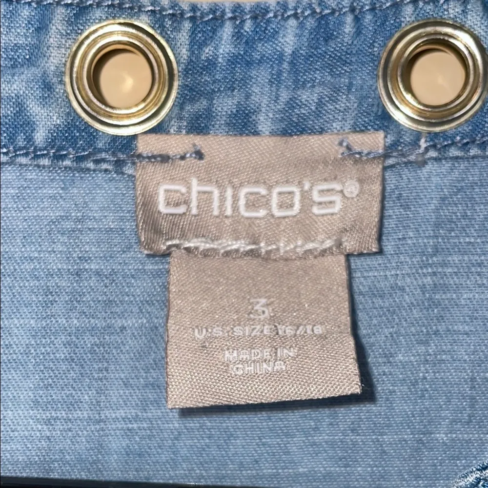 Chico’s Women’ Blue Chambray Denim Grommet Quarter Button-Up Long Sleeve Shirt - Image 7