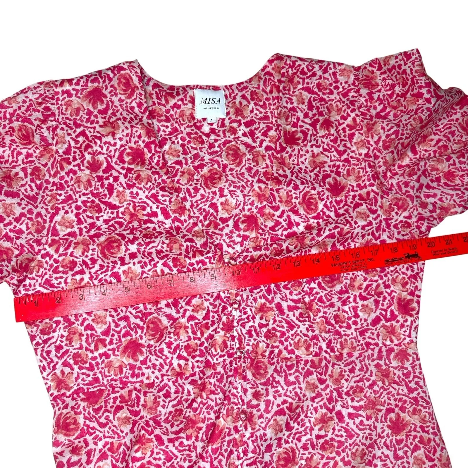 MISA Los Angeles Pink Floral Button Front Midi Dress Puff Sleeve L Made In USA‎ - Image 13