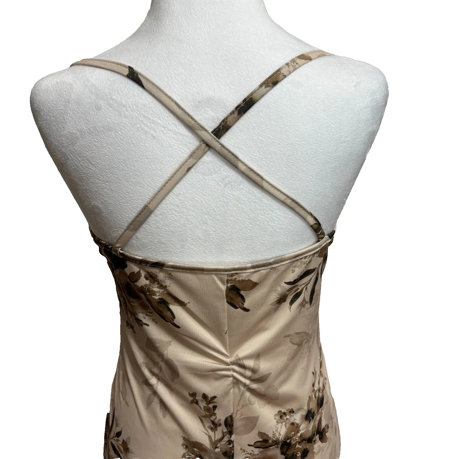 Beige Floral Satin Maxi Long Slip Dress Y2K Vtg - Image 4