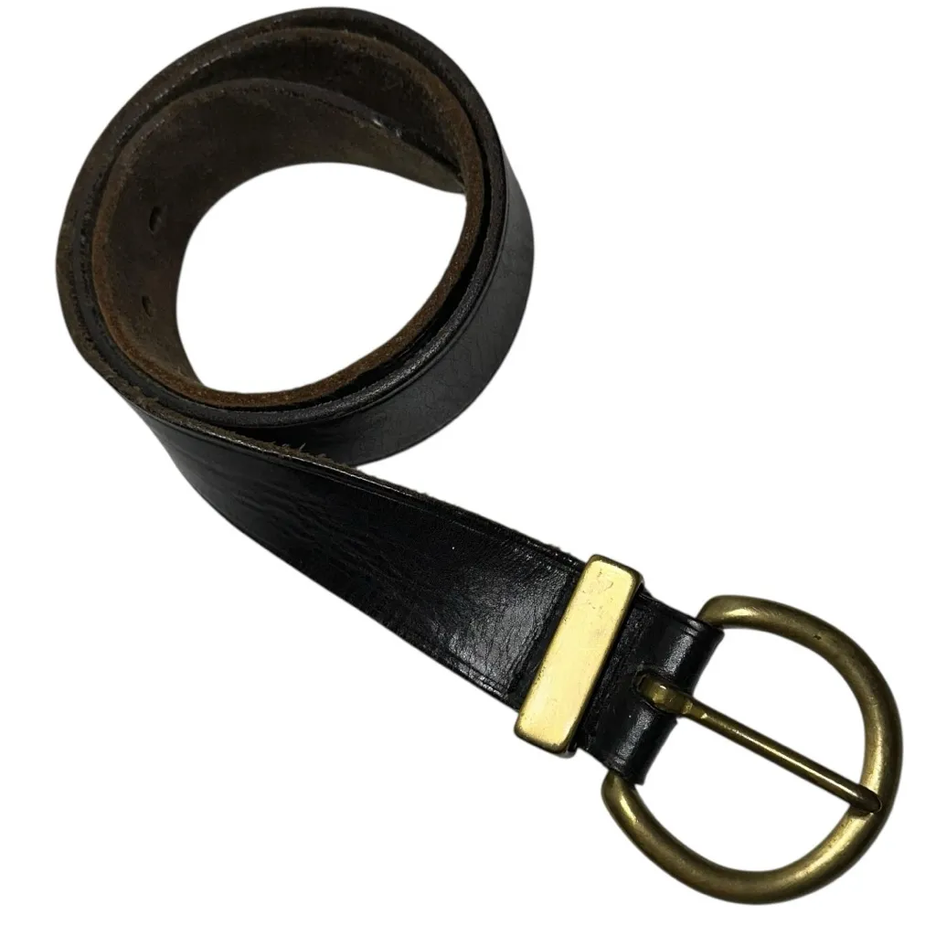Vintage Y2K Size M Black Leather Round Solid Brass Buckle Belt - Image 2