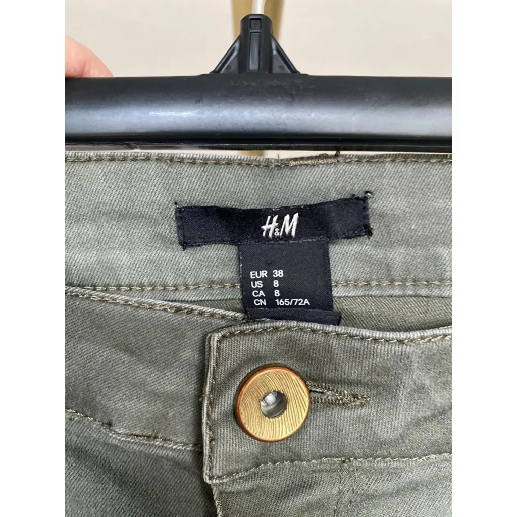 H&M Stretch Skinny Jeans Olive Green 8 Gold Rivets Street Chic Utility Boho 90s - Image 4