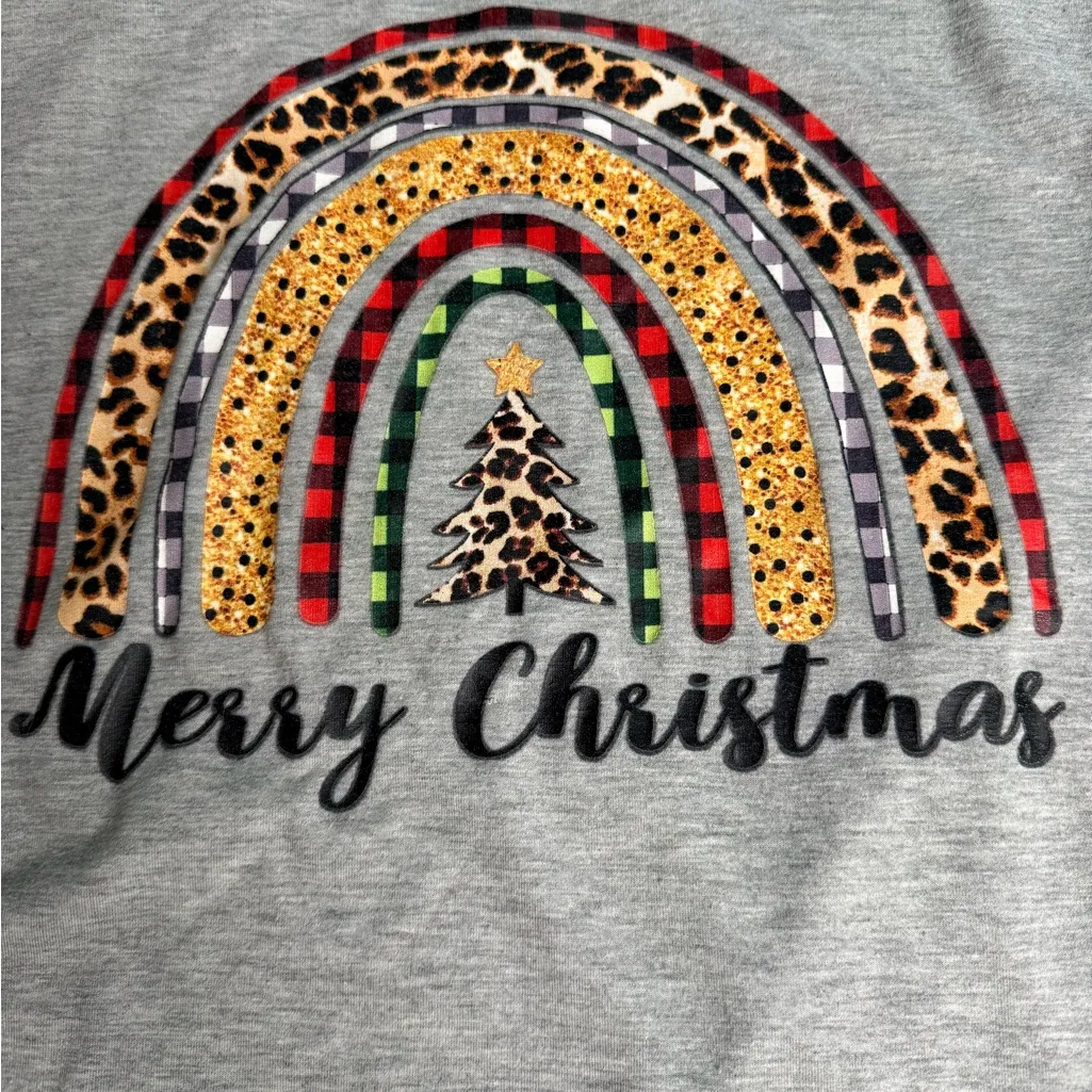 Gray Merry Christmas T-Shirt with Rainbow Design L - Image 3