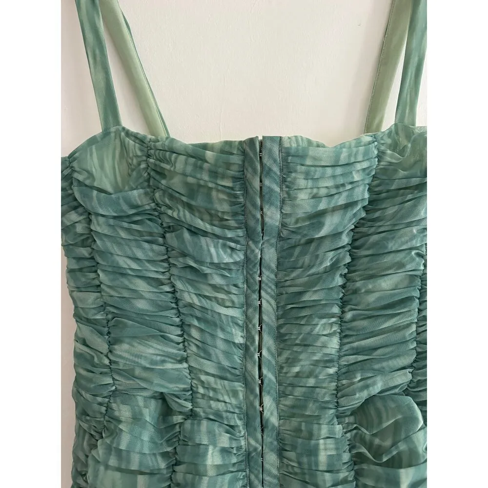 HOUSE OF CB Cate Ivy Print Green Ruched Mesh Mini Dress Size Large+ - Image 5