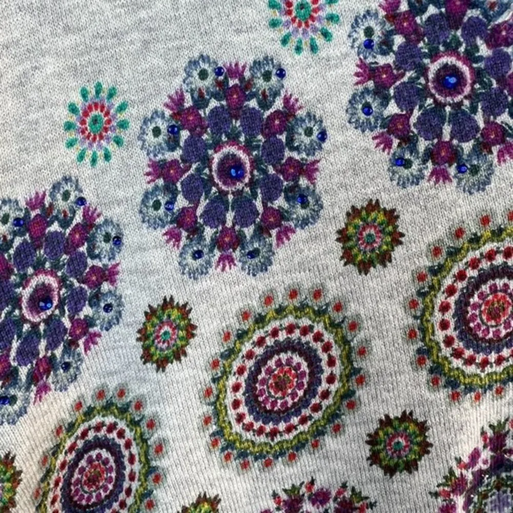 Desigual Sweater Small Gray Floral Medallion Rhinestone Long Sleeve V-Neck Women - Image 3