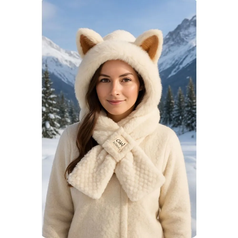White Plush Hooded Scarf Hat With Animal Ears – Faux Fur Winter Wrap White - Image 2