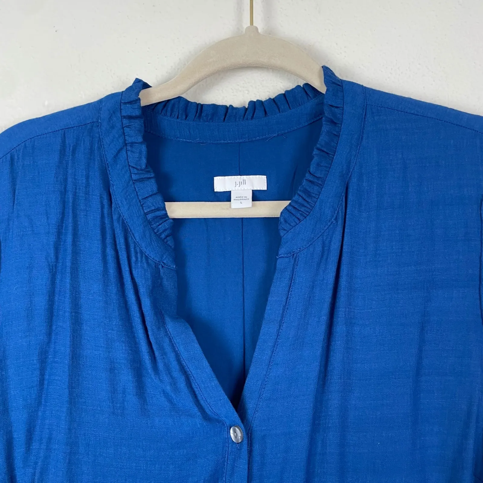J‎ Jill XL Petite Blue Tiered Midi Dress  Button Front Long Sleeve Ruffle Collar - Image 6