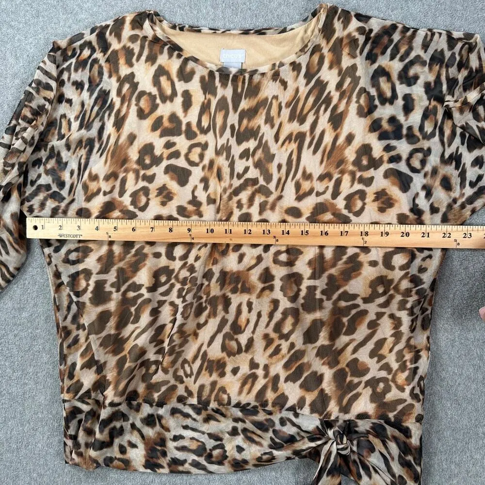 Chico's Animal Print Mesh Tie Waist Blouse Size 2/Large Brown Sheer 3/4 Sleeves - Image 6