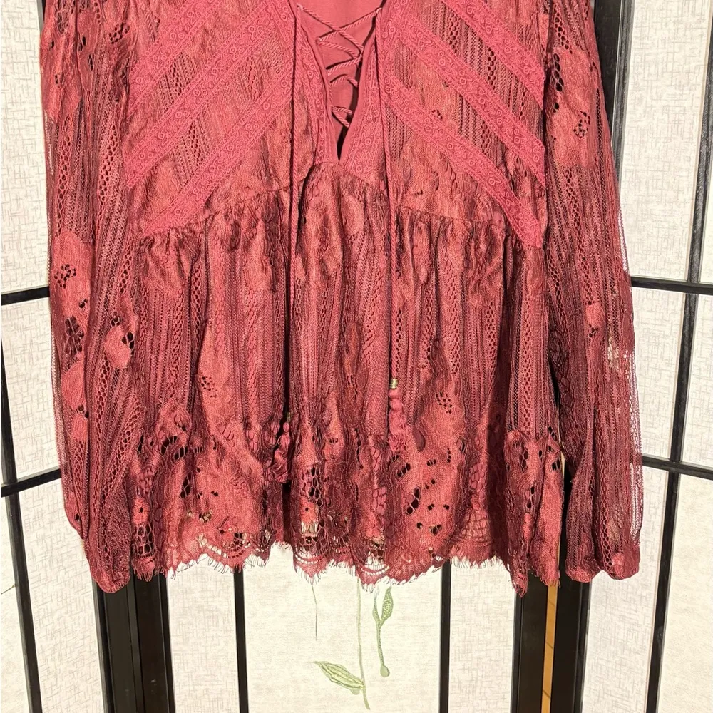 COPY - Layson Elegant Lace Women's Top in burgundy red blouse - Image 2