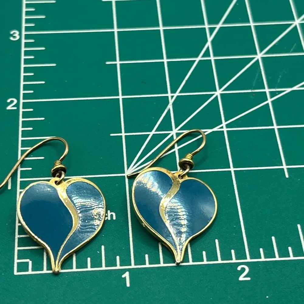 Laurel Burch Blue and Gold Heart Earrings Gold Plated Fish Hook Earrings - Image 9