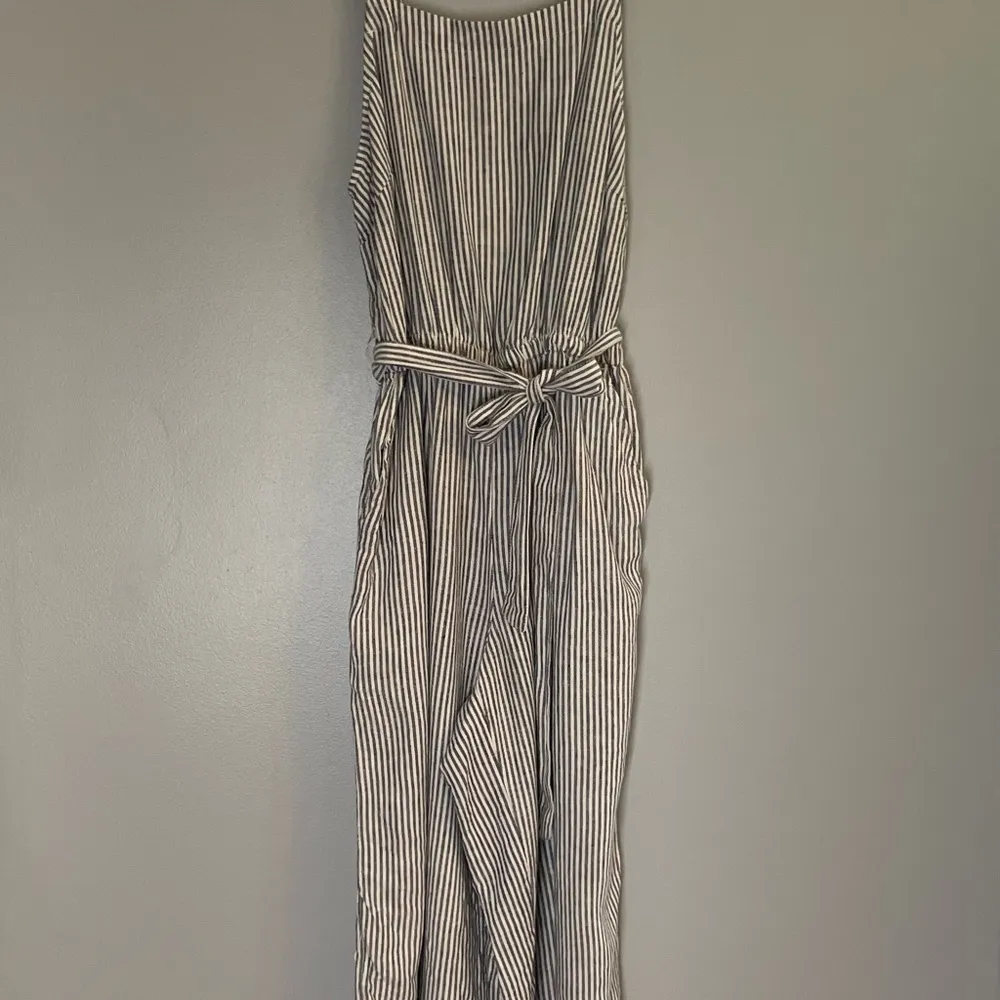 Linen Blend Preppy Nautical Navy & White Striped Beach Sleeveless Jumpsuit - Image 2