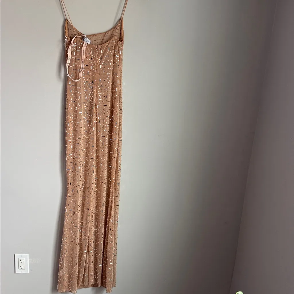 NEW Oh Polly Antonella Sheer Embellished Scoop Neck Evening Gown in Almond 6 - Image 3