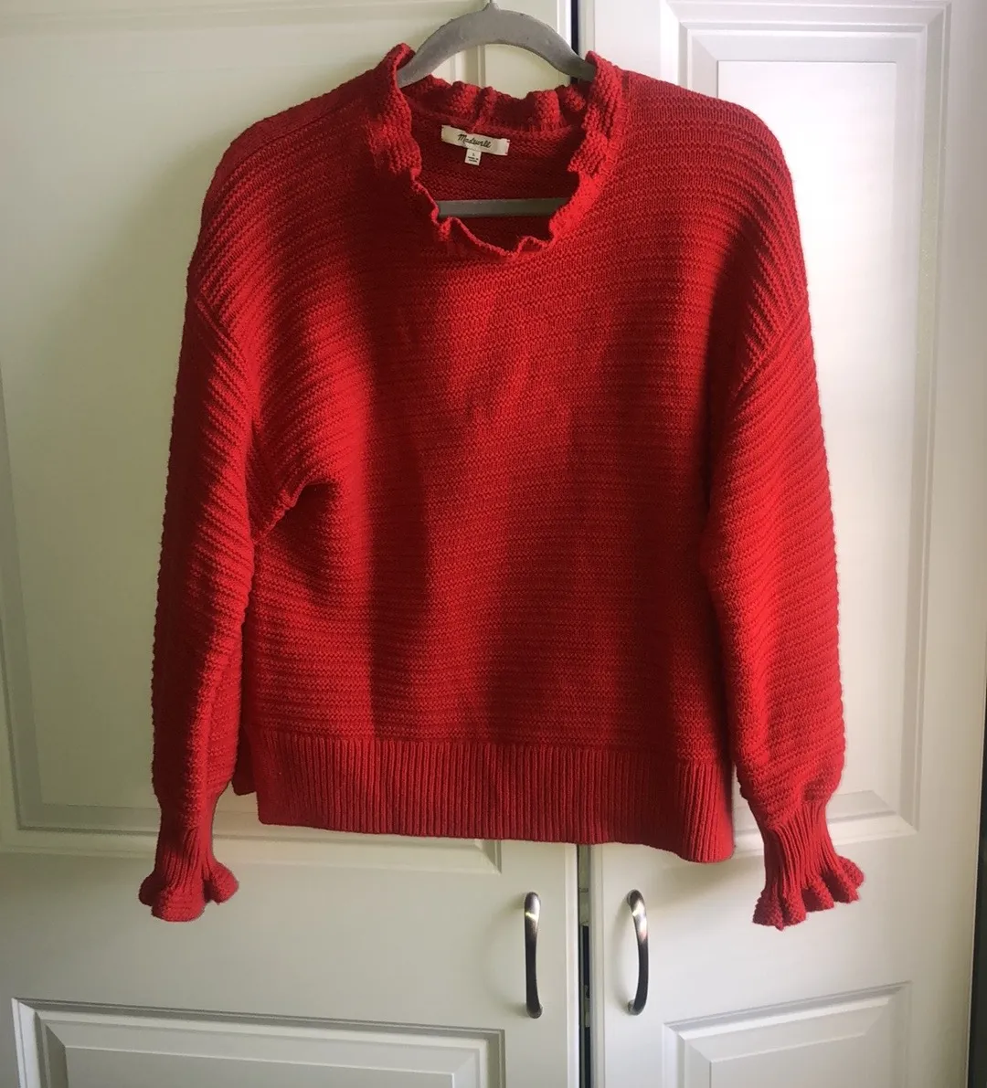 Madewell Sweater Ruffle Neck Wool Cotton Red Large - Image 13