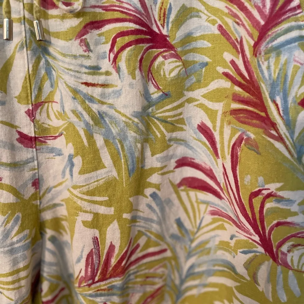 Land n Sea linen blend palm leaf print wide leg beach pants pink green blue Sz L Size L - Image 5