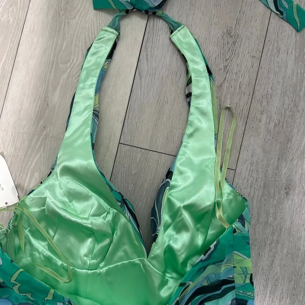 Morrell Maxie Pucci‎ inspired Y2K green halter chiffon flowy dress midi size 10 - Image 5