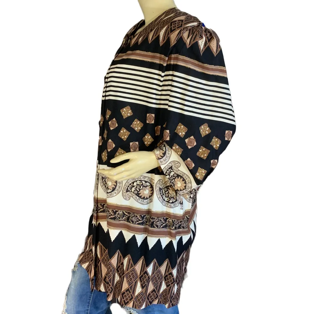 ROBERT TOO VINTAGE 1980'S BLACK & TAN PRINT LIGHTWEIGHT JACKET/BLOUSE (20P) Size 20W - Image 6