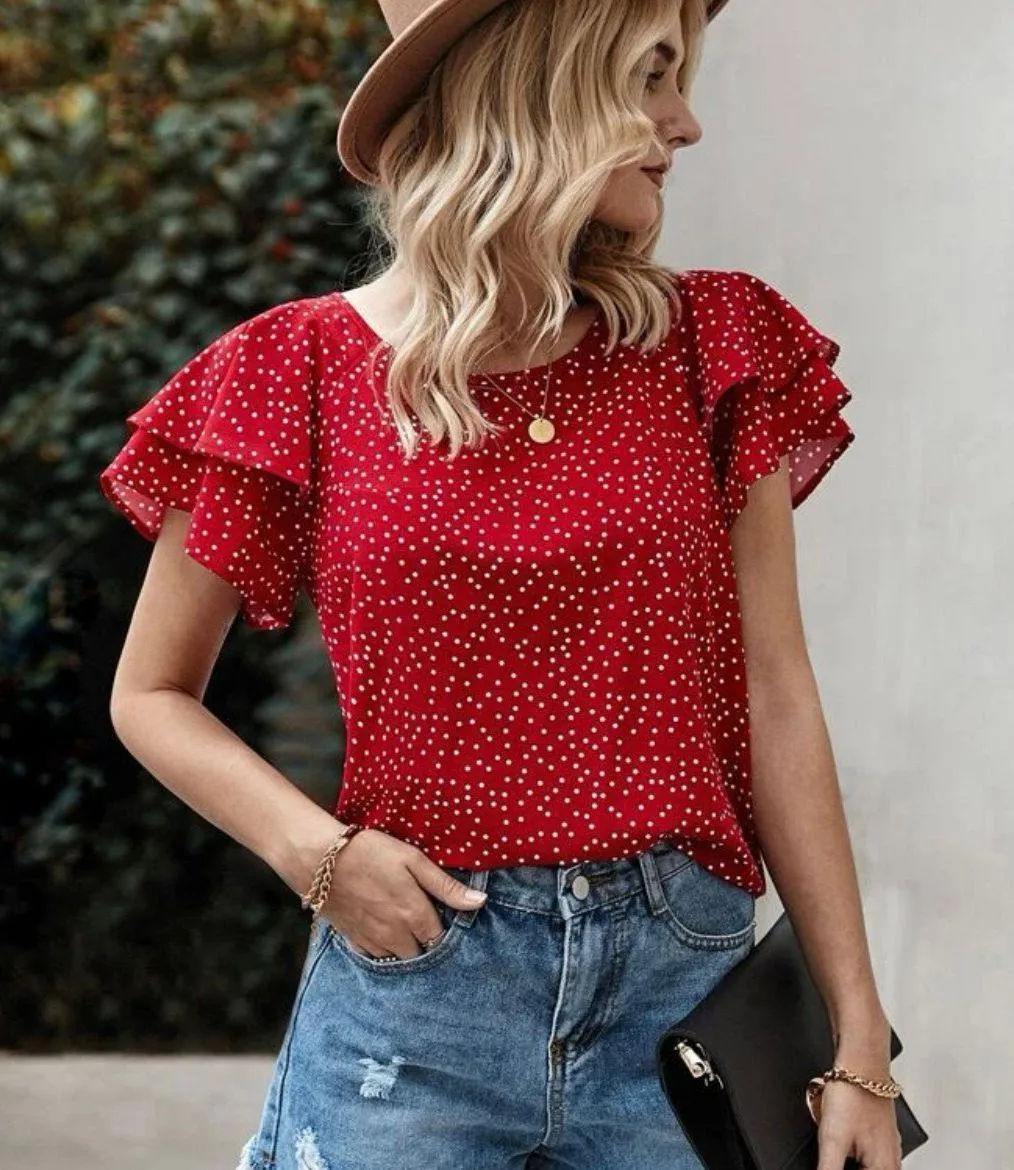 Polka Dot Butterfly Sleeve Blouse Red size Small - Image 10