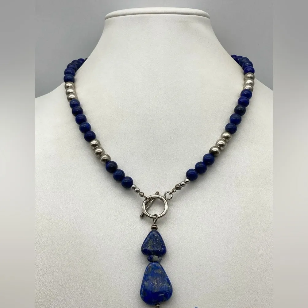 Vintage Silver Lapis Lazuli Beaded Lariat Pendant Necklace Blue - Image 4