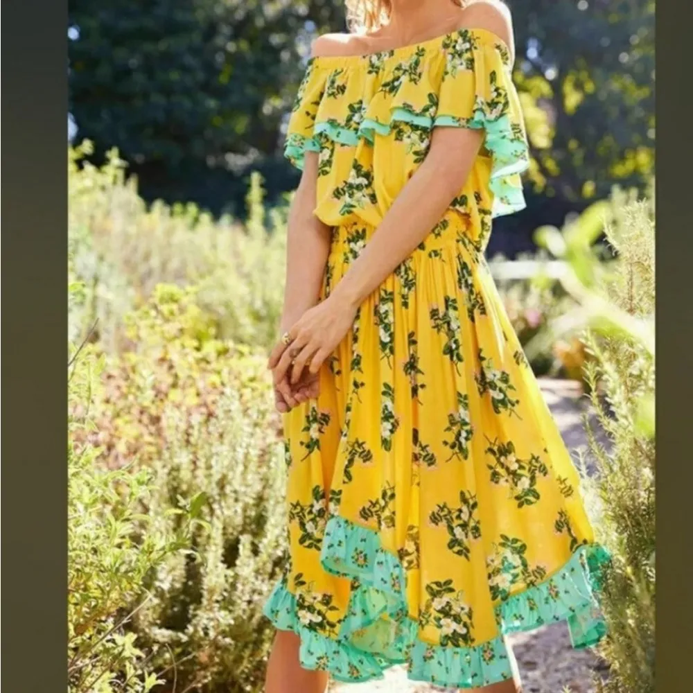 Matilda Jane Hooked On A Feeling Midi Dress Yellow Aqua Ruffle Size XS - Image 3