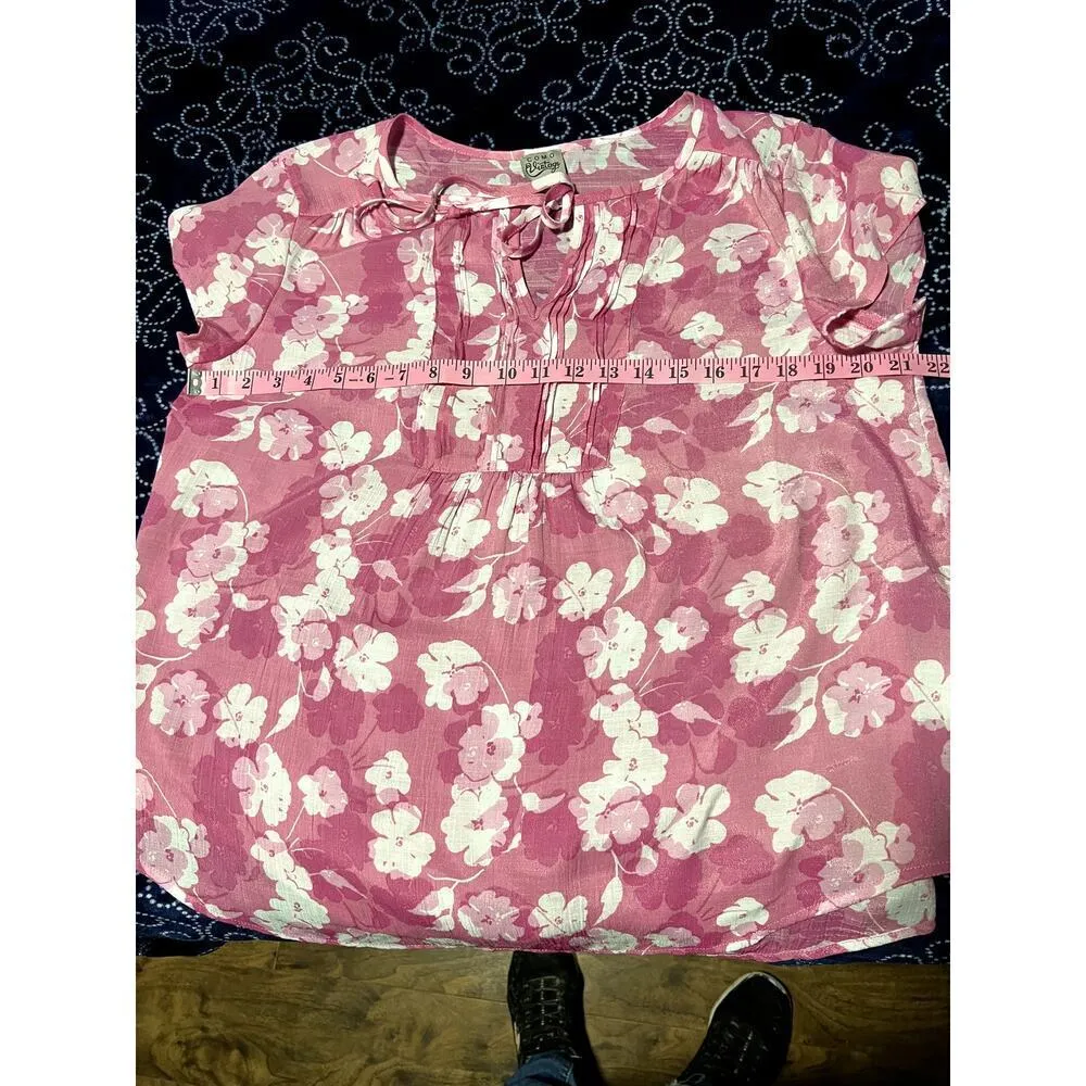 Como Vintage size large blouse cap sleeves pink & white floral tie at neckline - Image 5