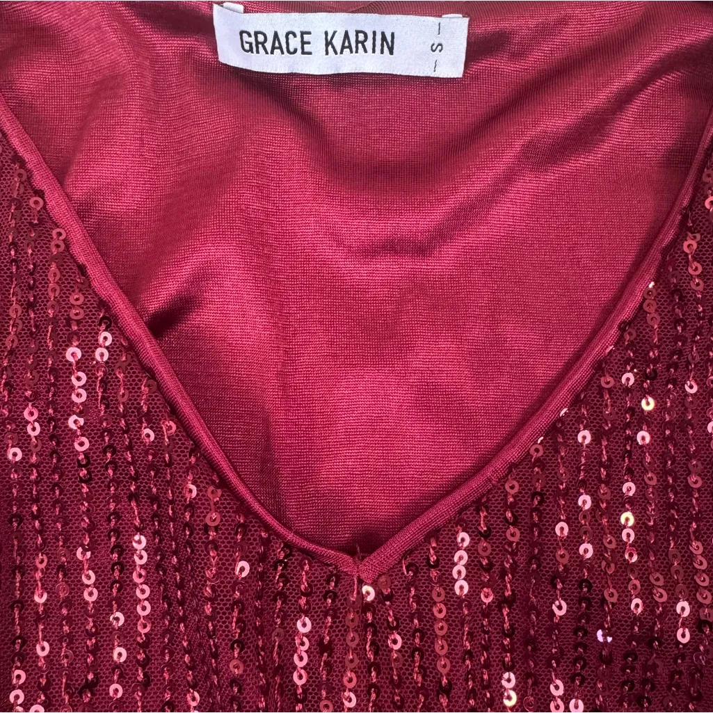 Grace Karin Red Sequin Peplum Sleeveless Blouse Top Size Small Holiday Party - Image 2