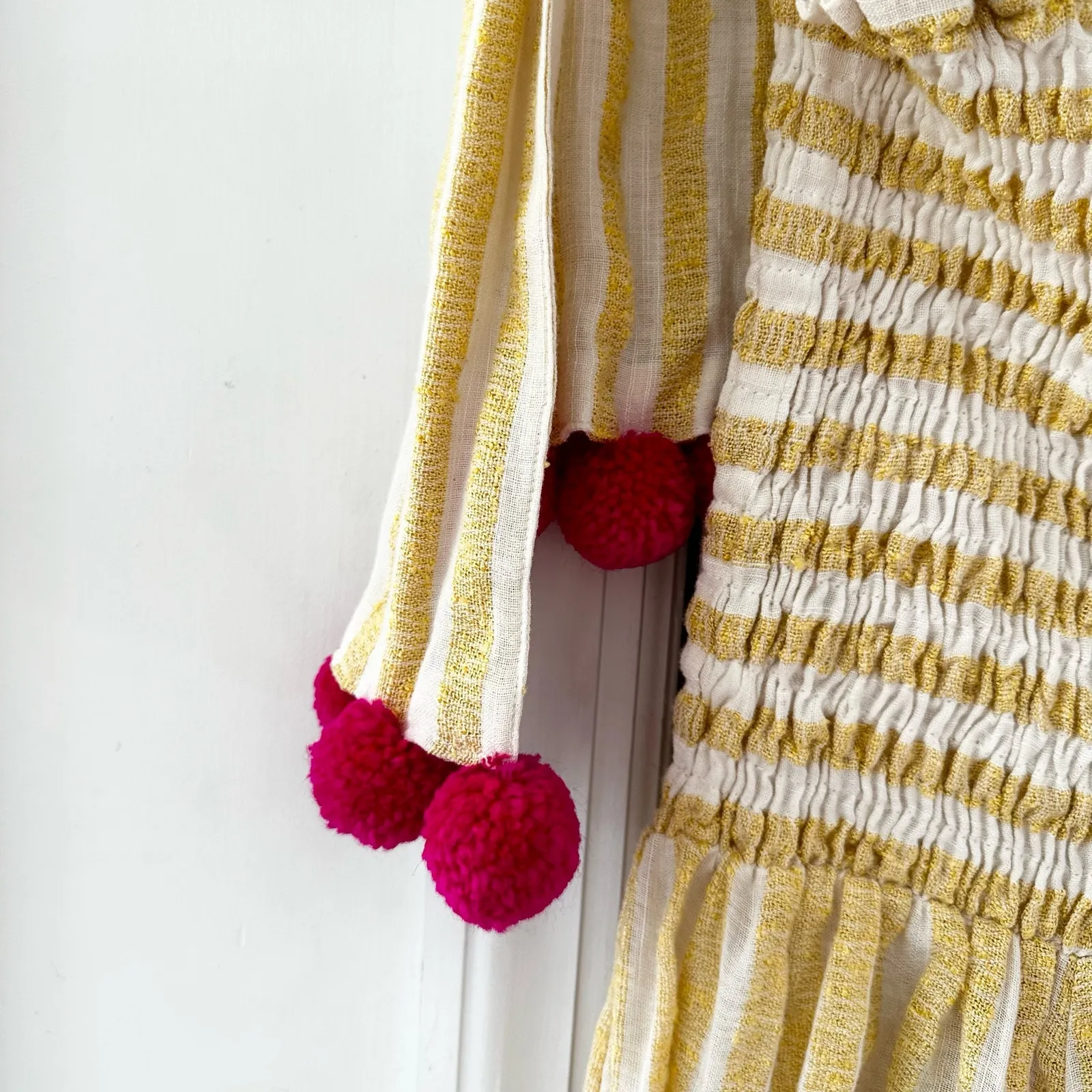 Sundress Pippa Yellow White Striped Tie Strap Pink Pom Poms Jumpsuit XS/Small Size undefined - Image 9