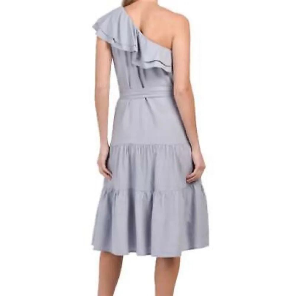 Nicole Miller Asymmetrical One Shoulder Ruffle Trim Linen Tiered Midi Dress - Image 12