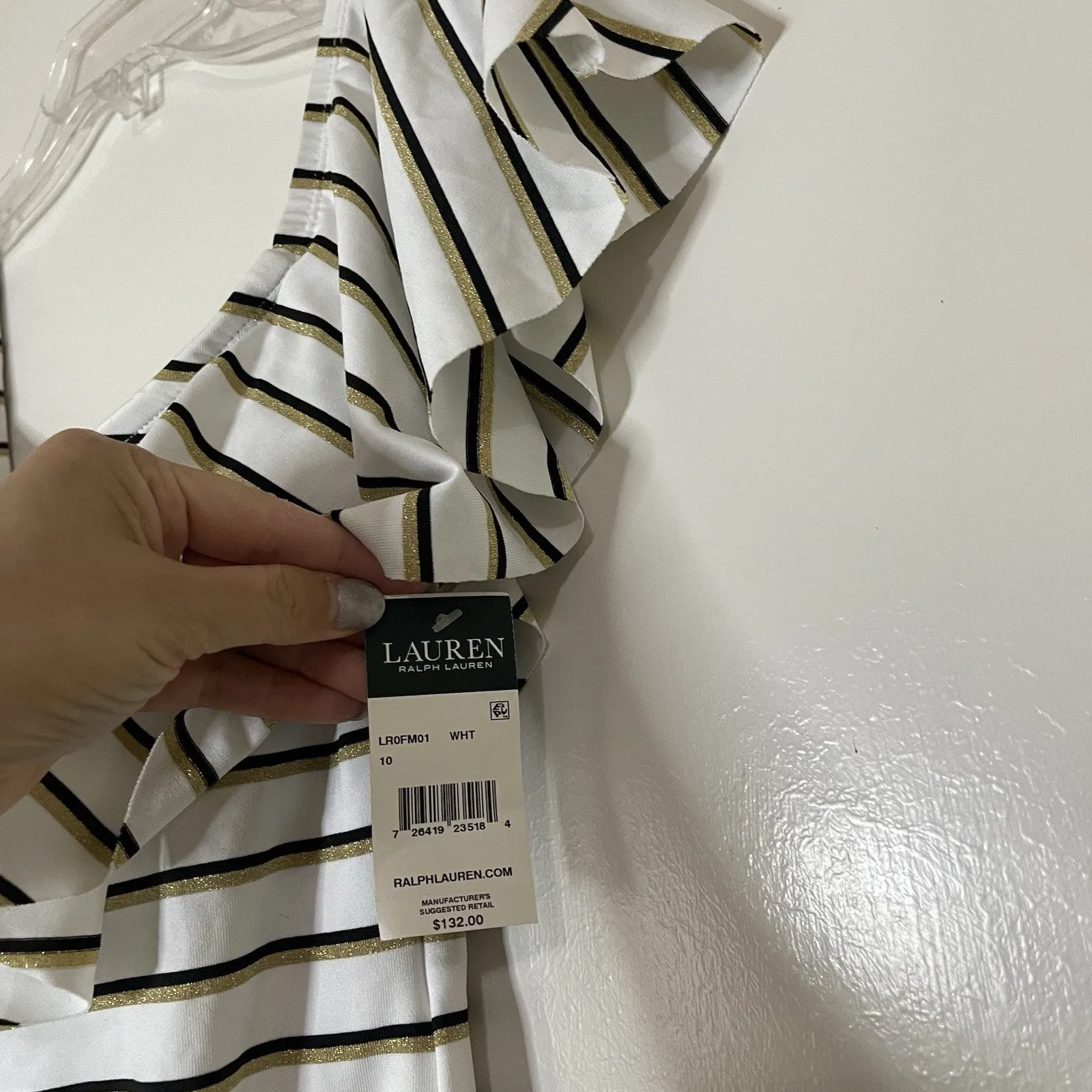 New! Ralph Lauren one piece striped ruffle off shoulder swimsuit L US 10 $132 - Image 5