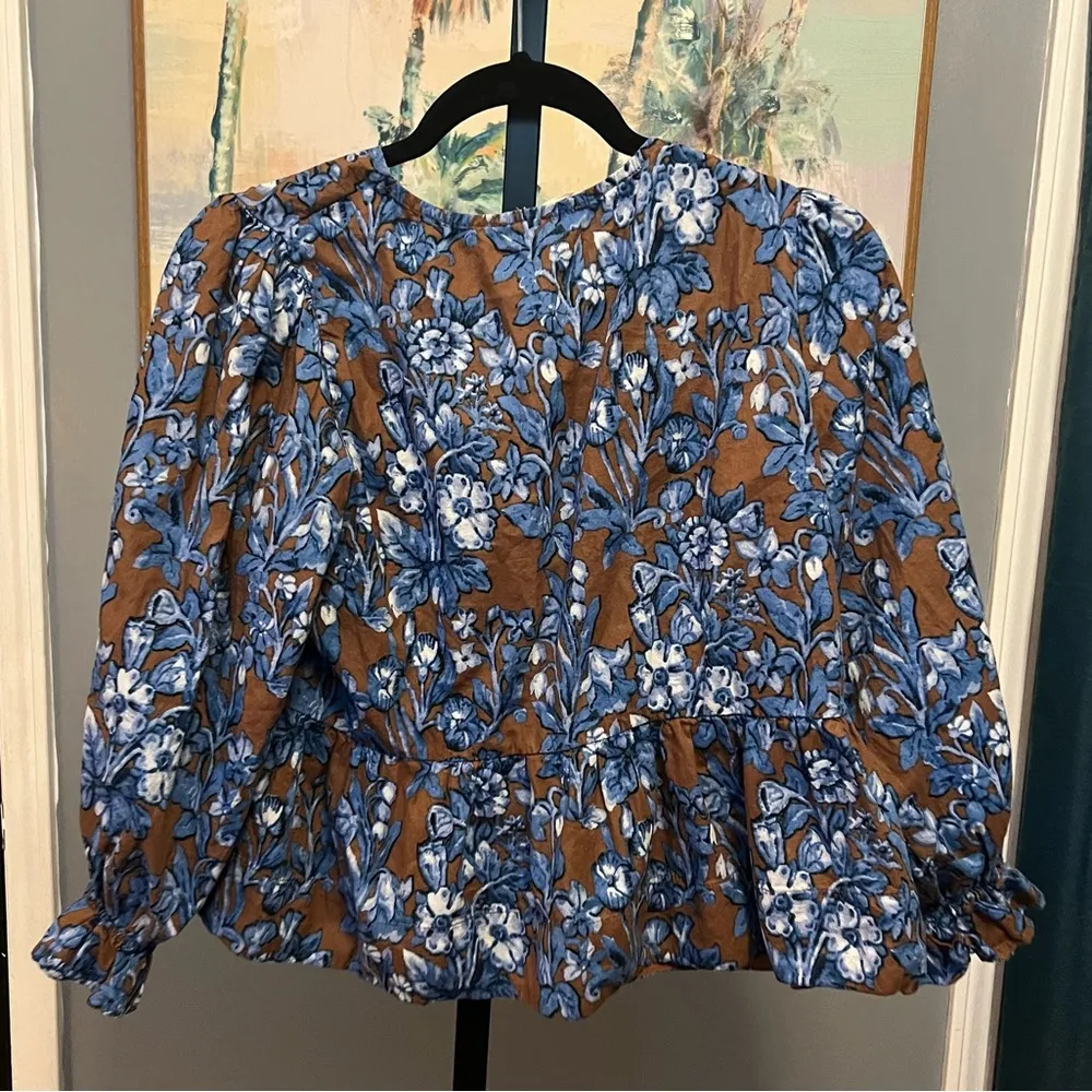 Entro Blue Brown Floral Peplum Ruffle Tie Front Long Sleeve Cotton Blouse Size M - Image 5