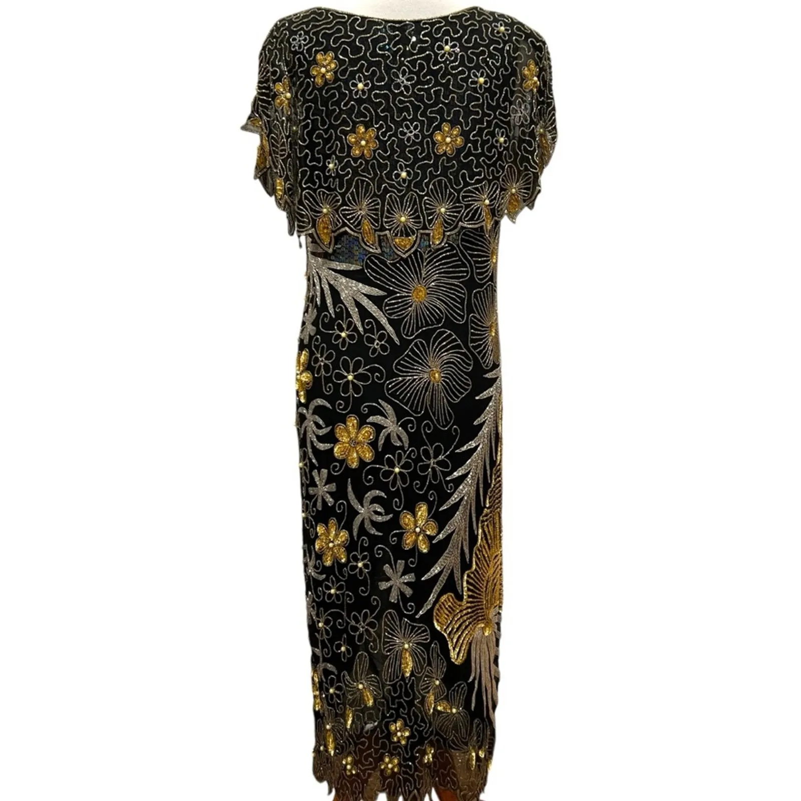 Vintage Dress Small Formal Cocktail Dress Silk Midi Art Deco 80s 20s RARE Beaded Black - Image 9