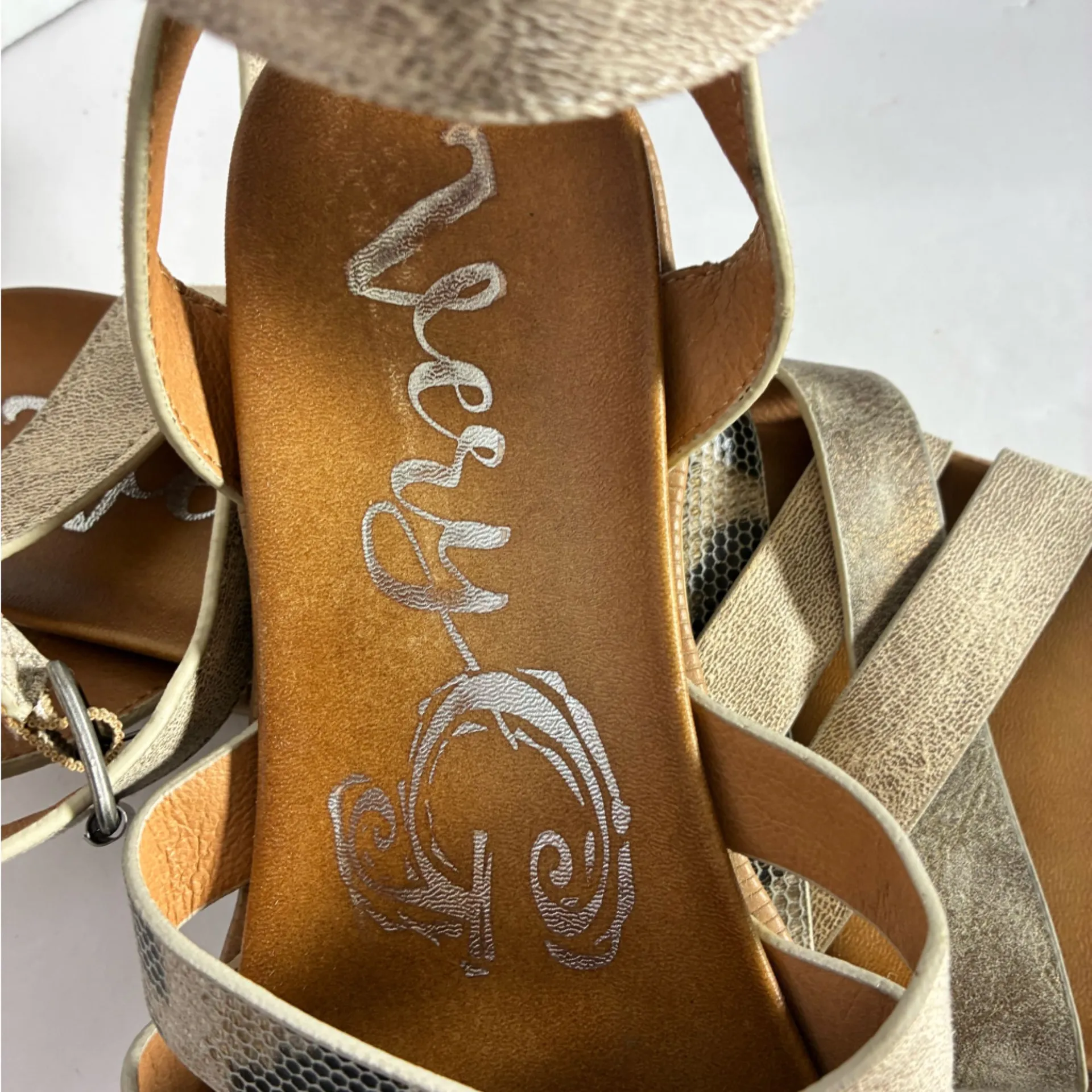 Very G Women's Ankle Strap Metallic Tan & Snake Skin Print Sandals - Image 2