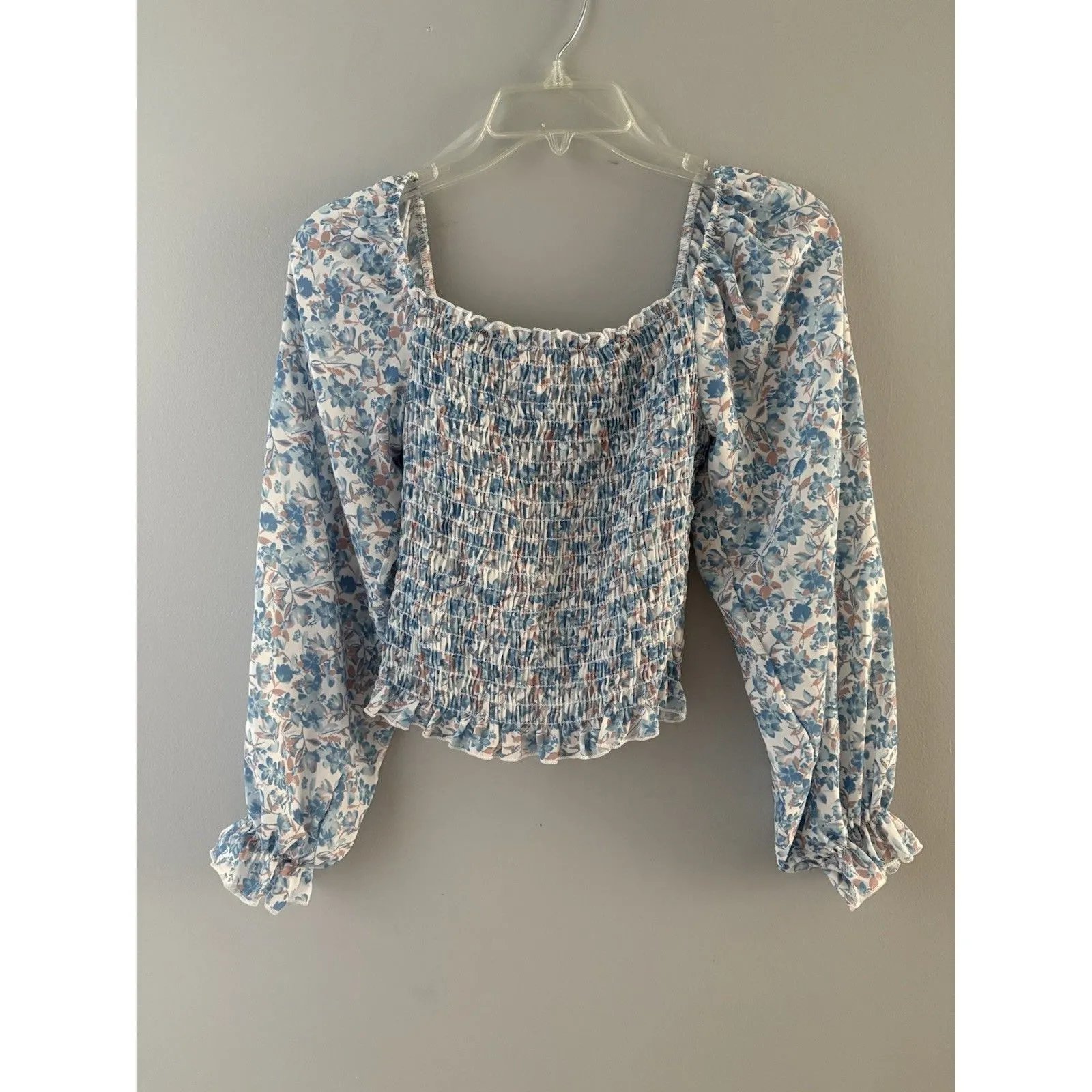 Pink Lily Milkmaid Top Size Small Blue Floral Coquette Smocked Ruffle Whimsy - Image 13