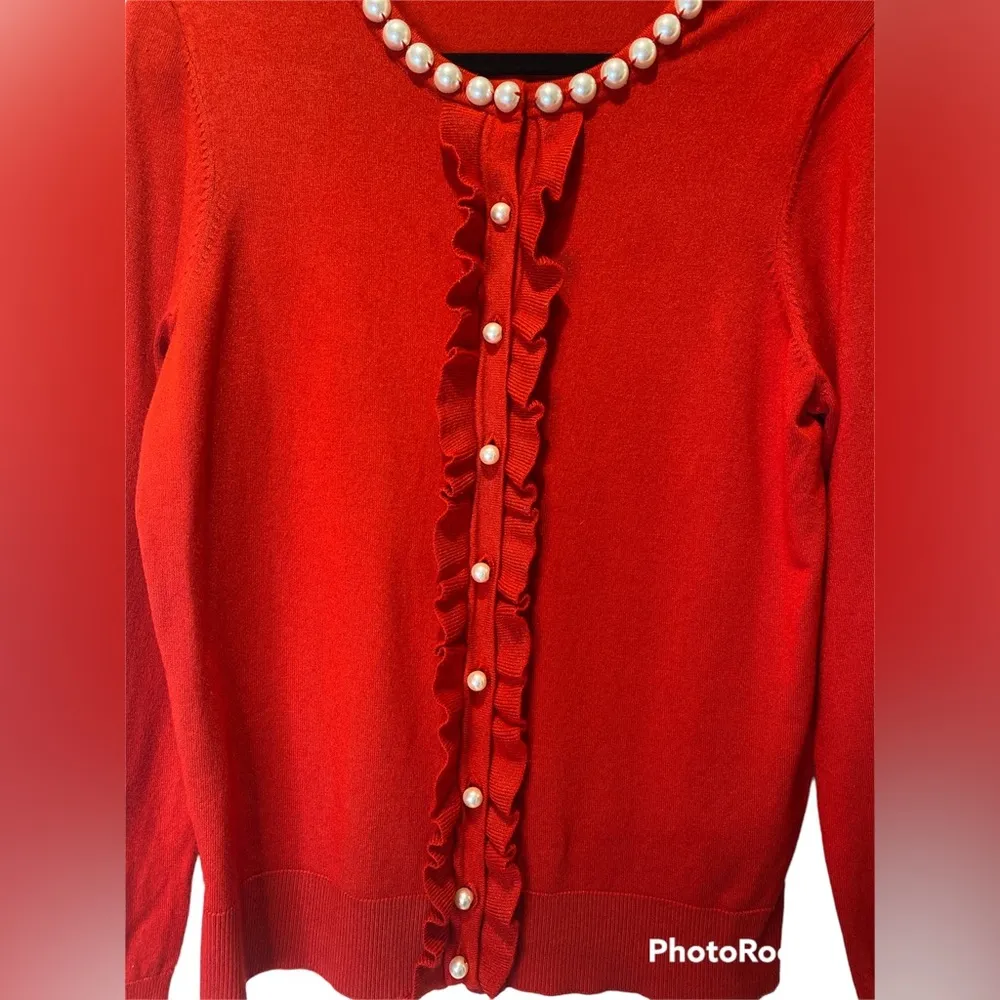 Charter Club Womens Size L Ruffled-Front Cardigan Faux Pearl Buttons - Image 3