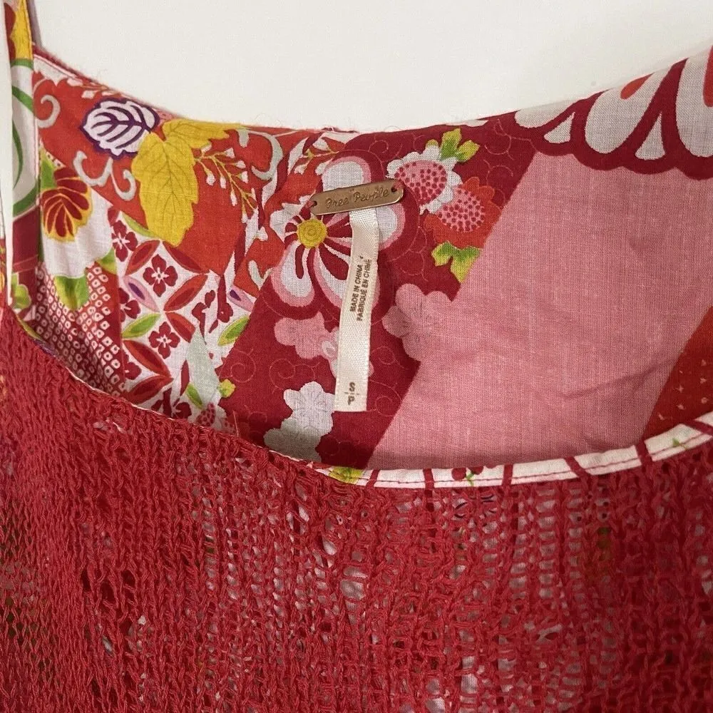 FREE PEOPLE red knit floral pleated tunic short dress size Small - Image 3