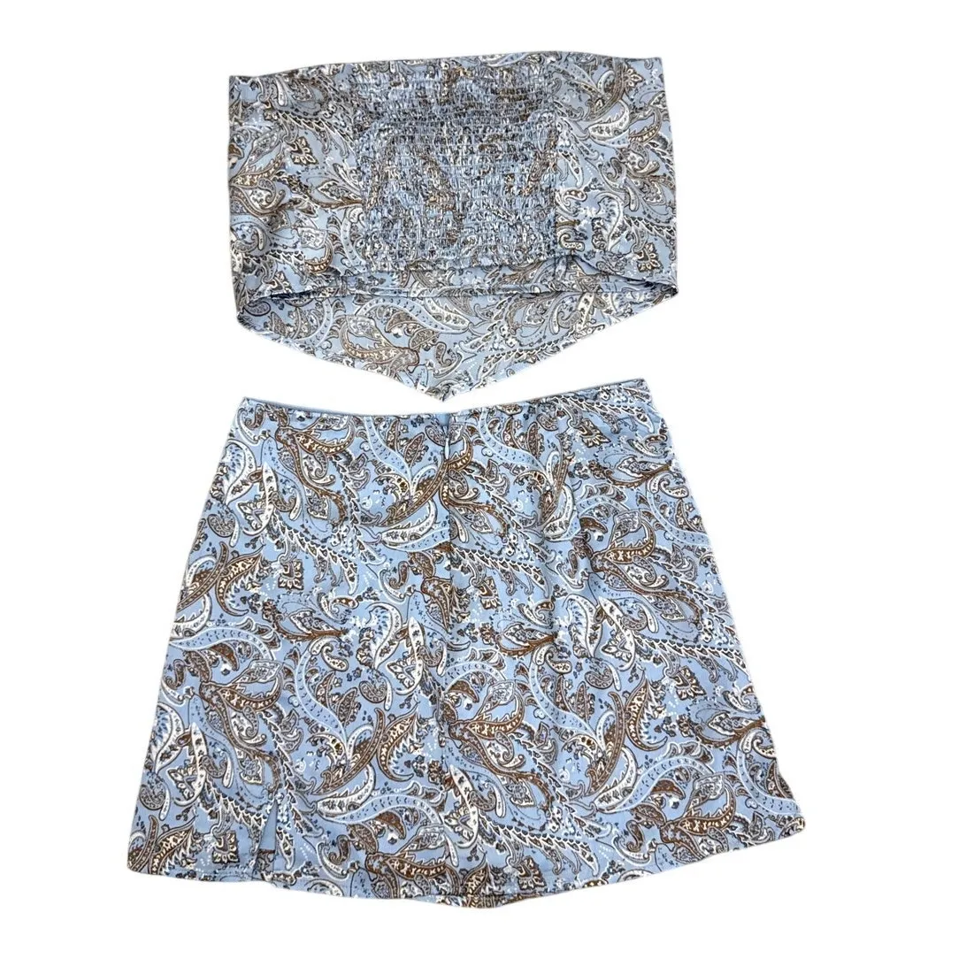 Hollister Y2K Babydoll 2 Piece Blue Paisley Satin Skirt Crop Top Set Size XS SM - Image 2