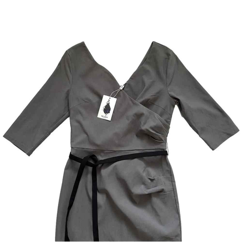 MUXXM Dress Gray Stretch Faux Wrap V - Image 8