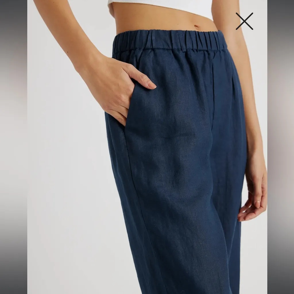 Quince Women’s 100% European Linen Pants in Deep Navy Coastal Natural Flowy - Image 2